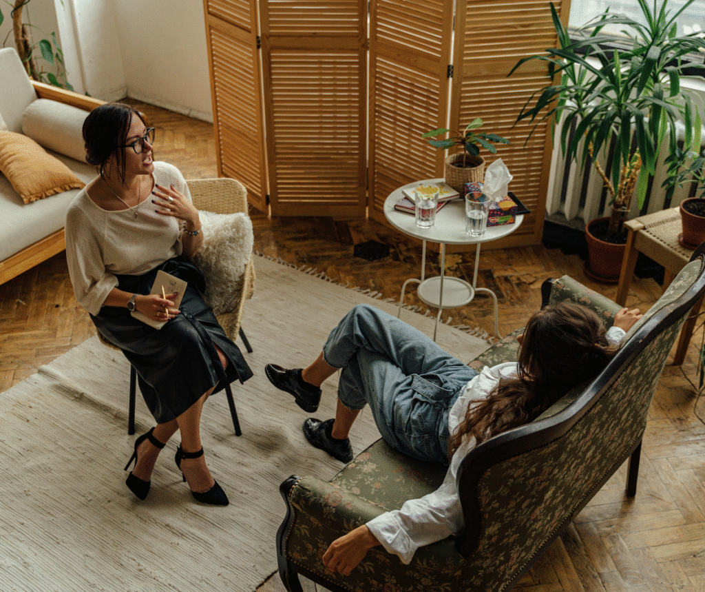 A woman receiving CBT treatment for chronic anxiety.